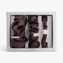 Coffee silk scrunchies set in open box top view lunare logo
