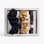Classic neutral silk scrunchies set in open box top view

