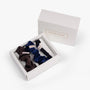 Dark neutral silk scrunchies in open gift box with Lunare Home lid
