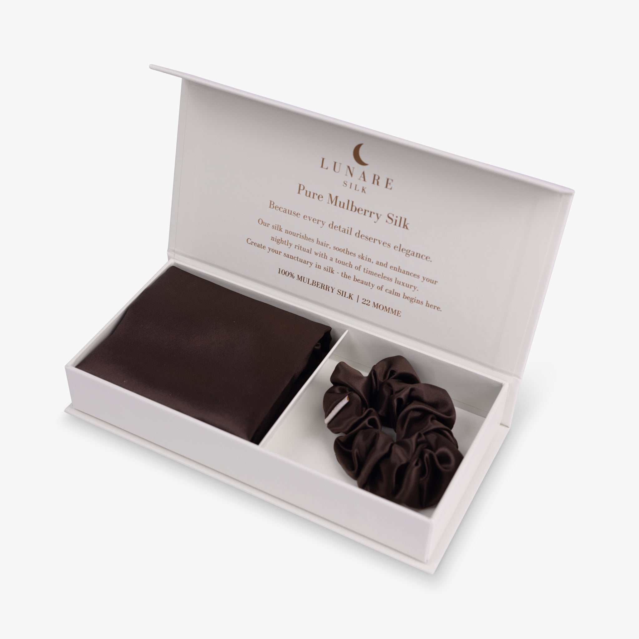 Coffee essential silk bundle in open box with pillowcase and scrunchie
