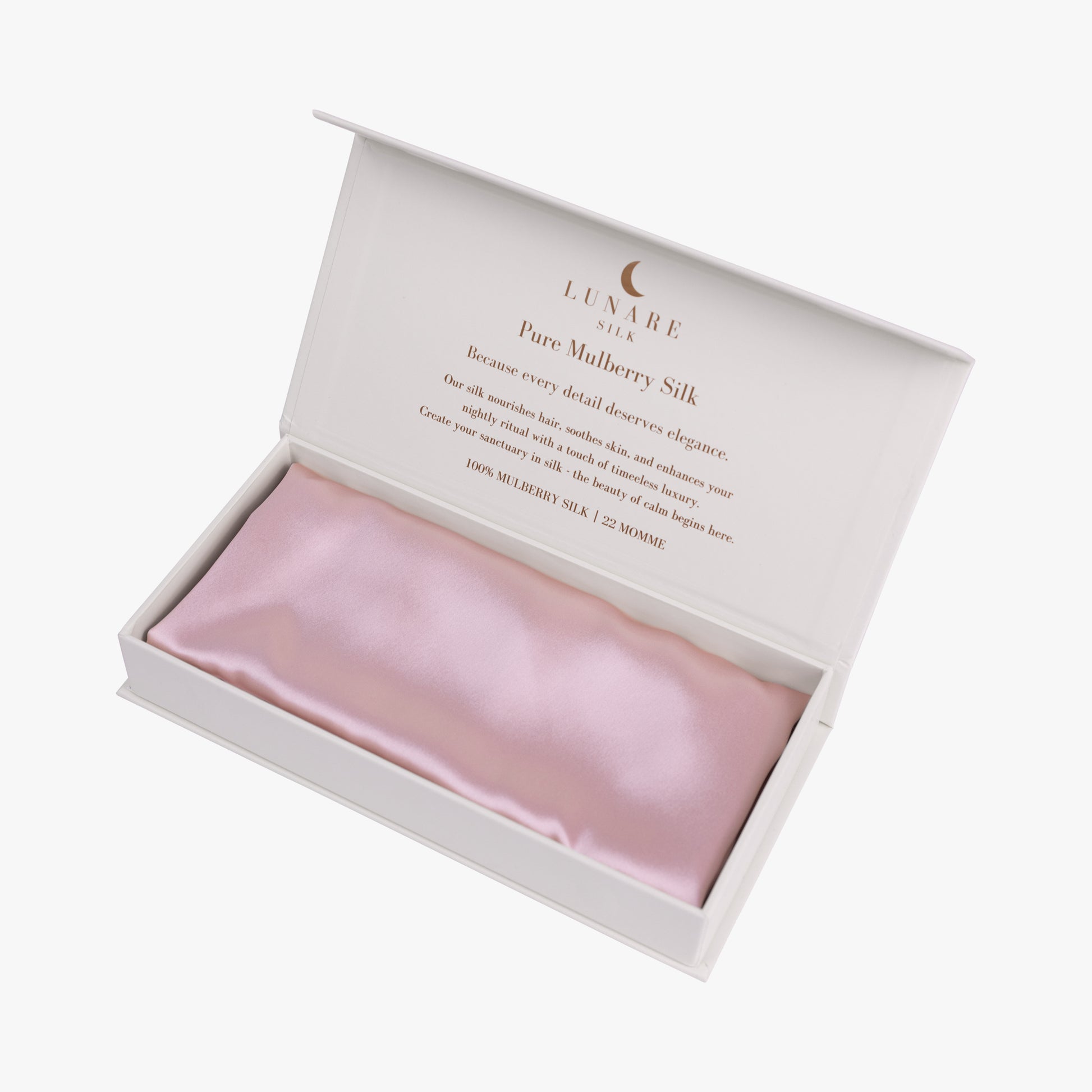 Cherry pink silk pillowcase in open gift box
