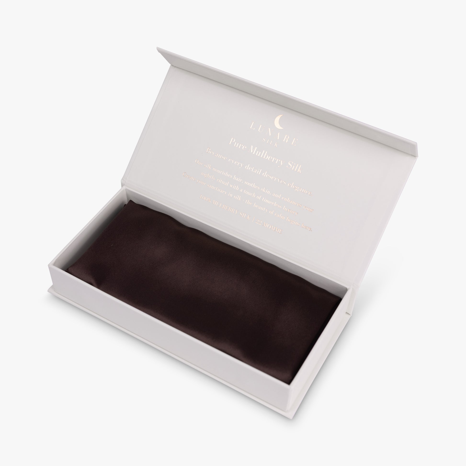 Coffee silk pillowcase in open gift box
