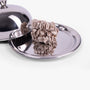 Champagne large silk scrunchie on silver tray with lid
