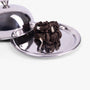 Coffee silk scrunchies on silver tray with lid
